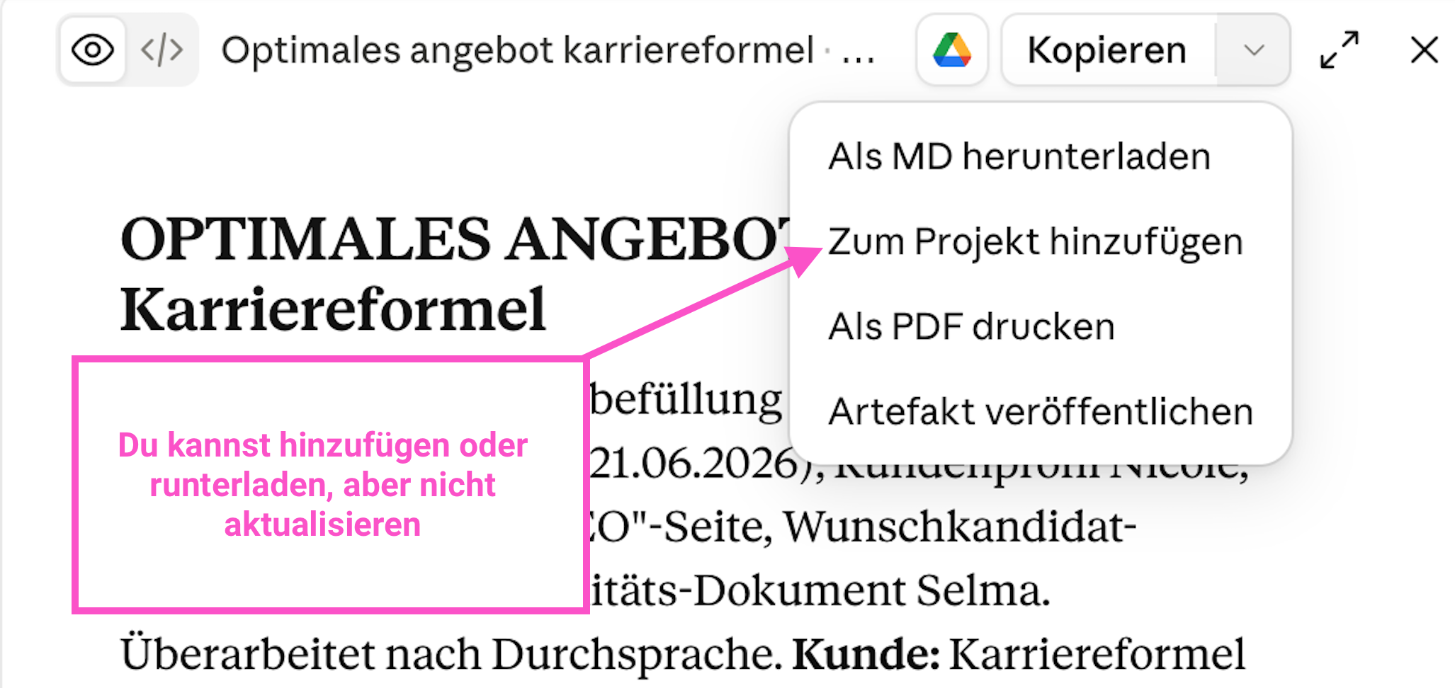 Geöffnetes Menü eines Claude-Artefakts mit den Einträgen Als MD herunterladen, Zum Projekt hinzufügen, Als PDF drucken und Artefakt veröffentlichen. Ein Dokument lässt sich hinzufügen oder herunterladen, aber nicht aktualisieren.