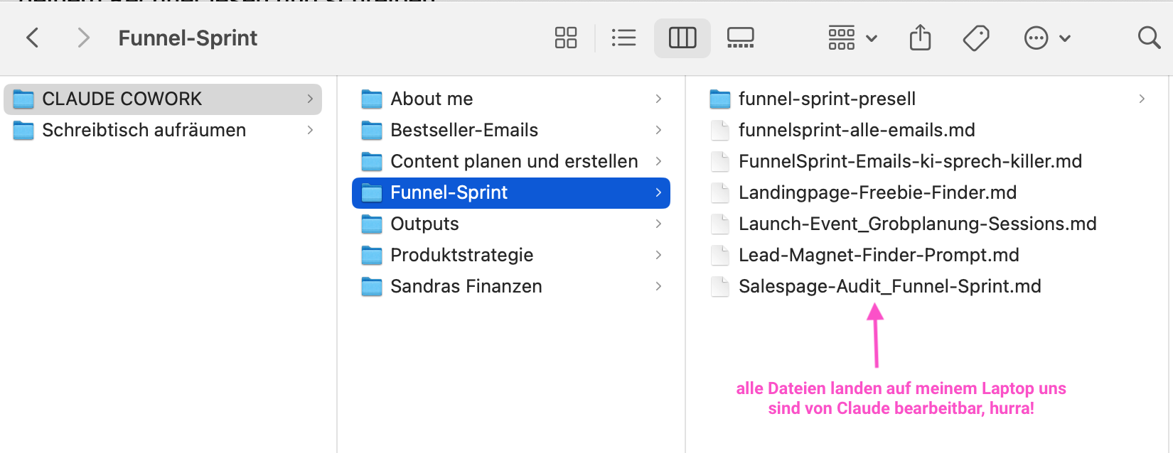 Finder-Fenster mit dem geöffneten Projektordner Funnel-Sprint innerhalb von CLAUDE COWORK. Darin liegen Markdown-Dateien wie funnelsprint-alle-emails.md, Landingpage-Freebie-Finder.md und Salespage-Audit_Funnel-Sprint.md, die Claude direkt lesen und bearbeiten kann.