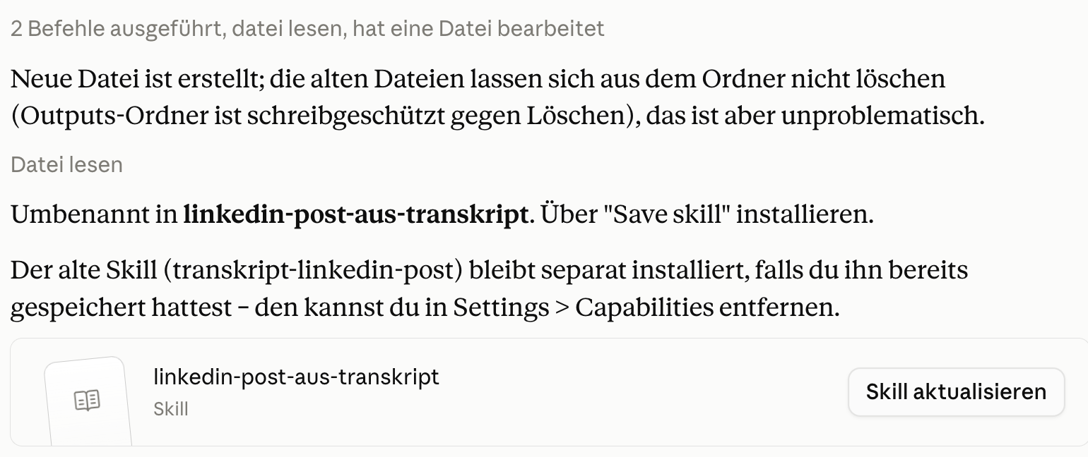 Claude bietet am Ende eines Chats die neue Version des Skills linkedin-post-aus-transkript an, mit der Schaltfläche „Skill aktualisieren".
