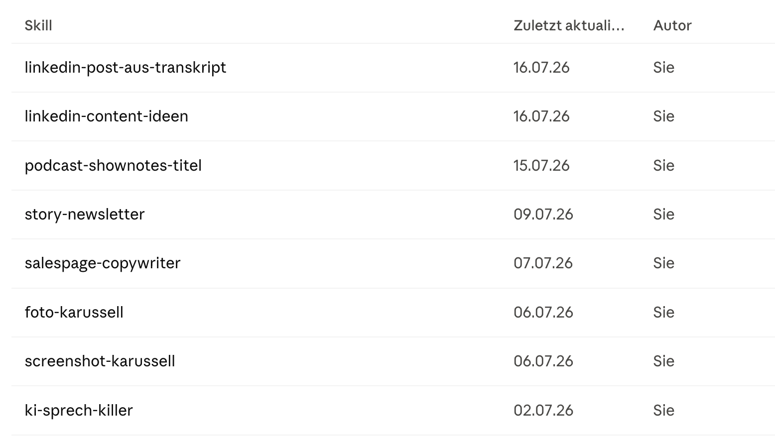 Übersicht der installierten Skills in Claude mit Namen und Datum der letzten Aktualisierung, darunter linkedin-post-aus-transkript, linkedin-content-ideen, podcast-shownotes-titel, story-newsletter, salespage-copywriter, foto-karussell, screenshot-karussell und ki-sprech-killer.