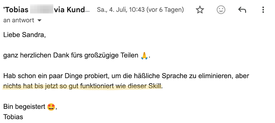 Email von Tobias: nichts hat bis jetzt so gut funktioniert wie dieser Skill